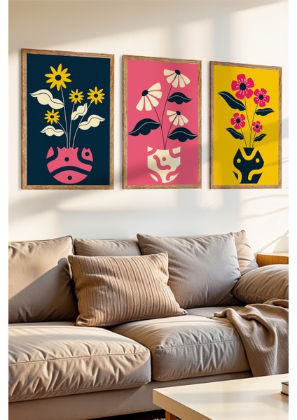 3 Parça Renkli Vazolarda Renkli Çiçekler Temalı Ahşap Çerçeve Görünümlü Mdf Tablo Seti