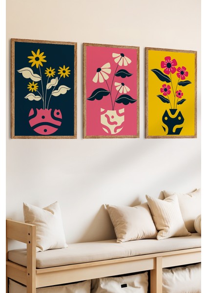 3 Parça Renkli Vazolarda Renkli Çiçekler Temalı Ahşap Çerçeve Görünümlü Mdf Tablo Seti fiyatları
