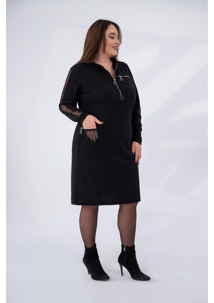 Kadın Büyük Beden Kapşonu Fileli Siyah Elbise