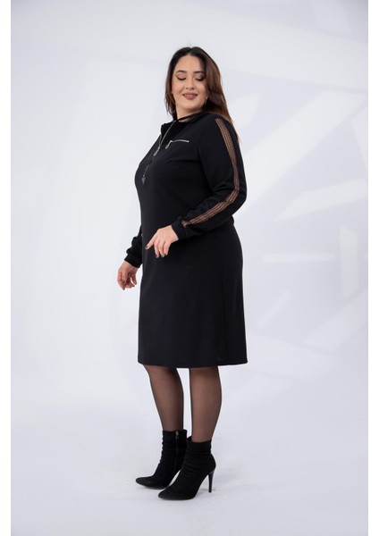 Kadın Büyük Beden Kapşonu Fileli Siyah Elbise fiyatları