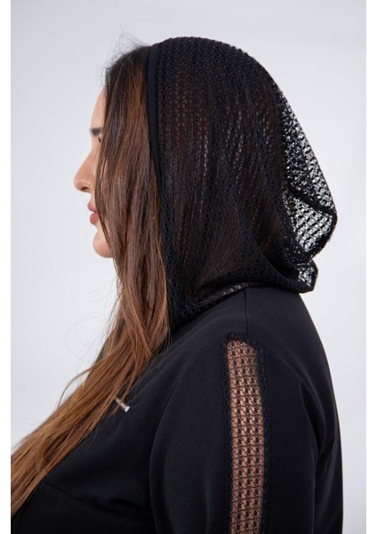 Kadın Büyük Beden Kapşonu Fileli Siyah Elbise modelleri