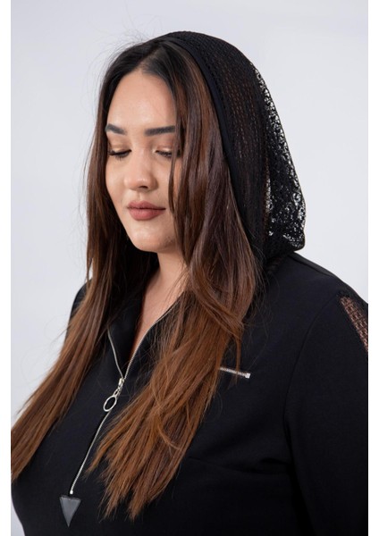 Kadın Büyük Beden Kapşonu Fileli Siyah Elbise indirimleri