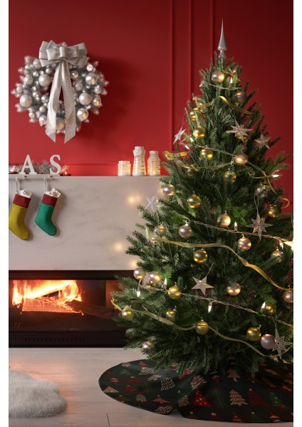 Koyu Yeşil Kırmızı Çam Ağacı Desenli Yılbaşı Çam Ağacı Örtüsü