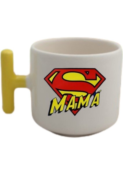 Süper Mama Anneler Günü Tasarımlı Sarı T Kulp Fincan Modelleri