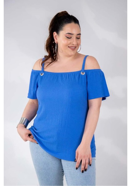 Kadın Büyük Beden Omuz Askılı Mavi Bluz
