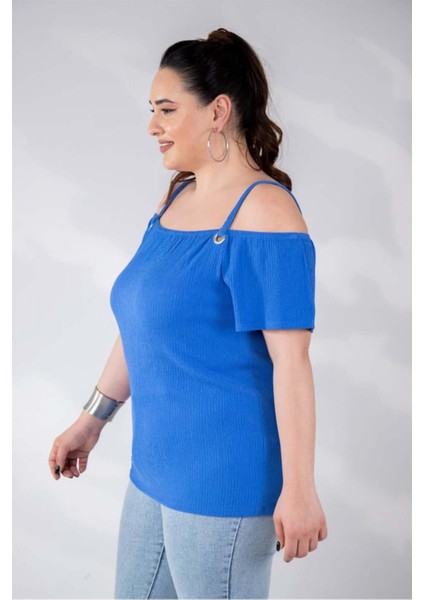 Kadın Büyük Beden Omuz Askılı Mavi Bluz modelleri