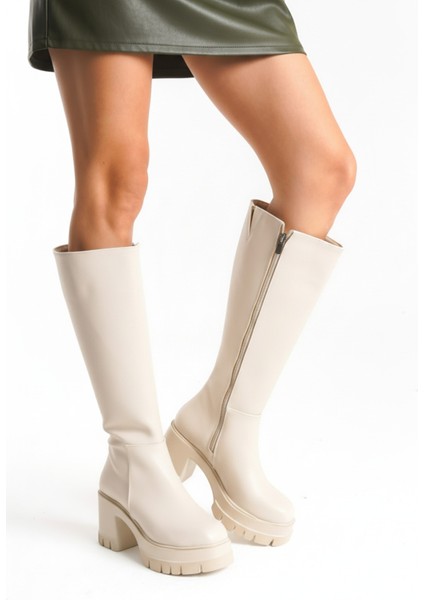 Kadın Bej Kalın Taban Yuvarlak Burun Platform Topuklu Deri Görünümlü Fermuarlı Uzun Çizme fiyatları