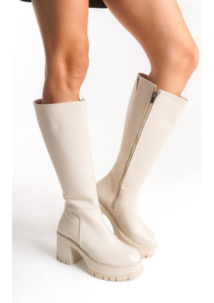 Kadın Bej Kalın Taban Yuvarlak Burun Platform Topuklu Deri Görünümlü Fermuarlı Uzun Çizme modelleri