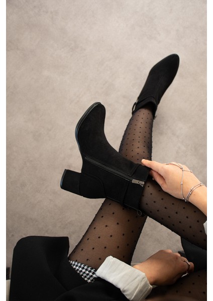 Kadın Siyah Süet Lucy Model Yandan Fermuarlı Sivri Burun Kısa Topuklu Bot modelleri