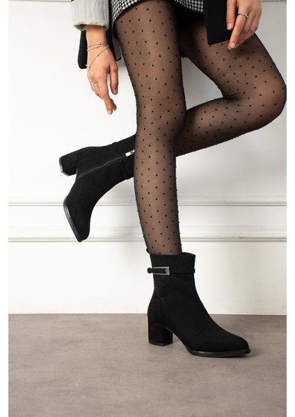 Kadın Siyah Süet Lucy Model Yandan Fermuarlı Sivri Burun Kısa Topuklu Bot fırsatları
