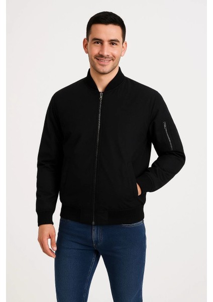 Erkek Bomber Mont Ceket – Fermuarlı, Kapitone Içi Astarlı, Su Itici Kumaş, Regular Fit, Uzun Kollu, Yandan Cepli, Bahar & Kış Rahat Günlük Stil - Siyah
