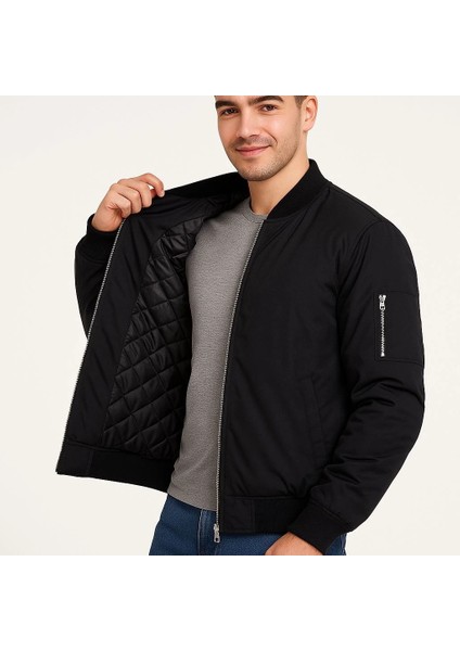 Erkek Bomber Mont Ceket – Fermuarlı, Kapitone Içi Astarlı, Su Itici Kumaş, Regular Fit, Uzun Kollu, Yandan Cepli, Bahar & Kış Rahat Günlük Stil - Siyah fırsatları