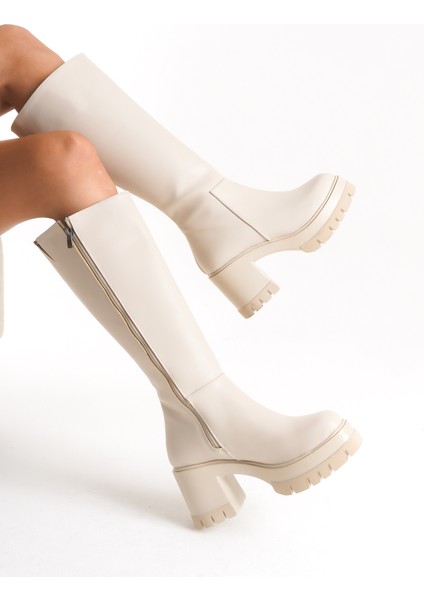 Kadın Bej Kalın Taban Yuvarlak Burun Platform Topuklu Deri Görünümlü Fermuarlı Uzun Çizme indirimleri