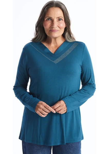 Yeni Sezon V Yaka Parlak Taşlı Kadın Bluz