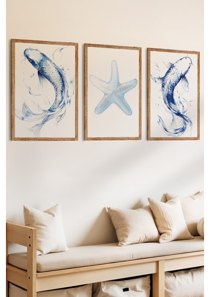 3 Parça Sakin Akış Konsepli Ahşap Çerçeve Görünümlü Mdf Tablo Seti fiyatları