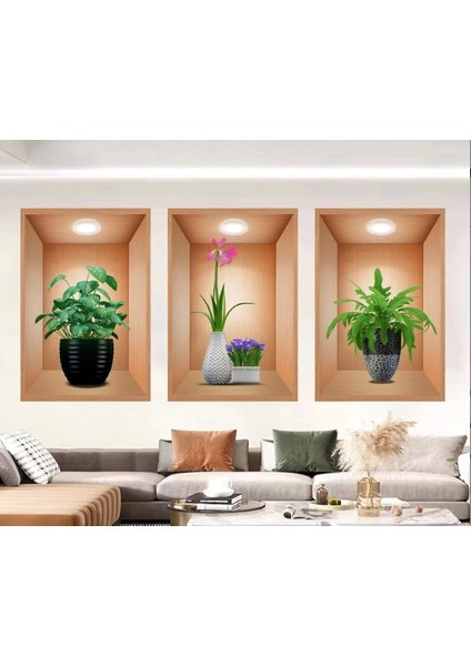 Bfs 3D Çiçek Vazo Duvar Sticker 3 Lü Set Kahverengi Fon fiyatları