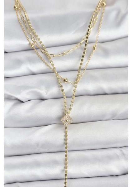 Pirinç Gold Renk Zirkon Taşlı Yonca Model Detaylı 3'lü Kombin Y Kadın Kolye