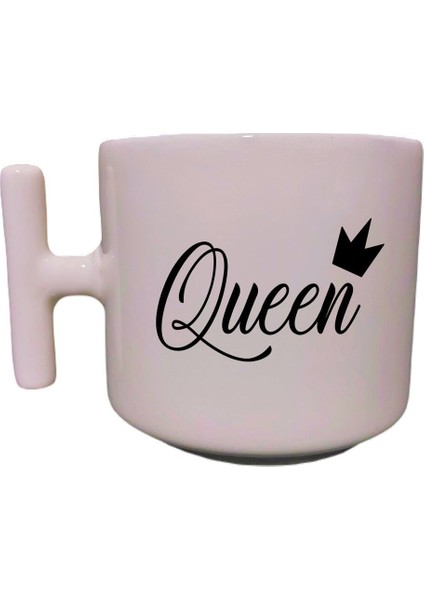 Queen Yazılı Krem Rengi T Saplı Eğlenceli Yazılı Özel Tasarım Baskılı T Kupa Bardak Latte Bardağı