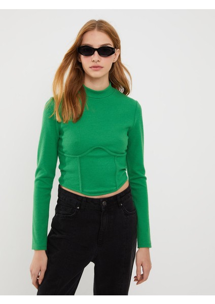 Yeni Sezon Dik Yaka Düz Uzun Kollu Korse Crop Kadın Bluz