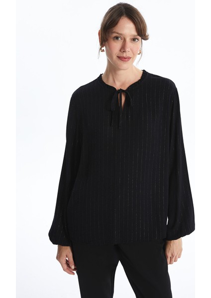 Yeni Sezon Bağlamalı Yaka Desenli Kadın Bluz