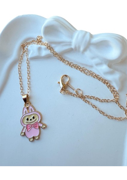 Kız Çocuk Labubu Figürlü Gold Renk Çelik Çocuk Kolye modelleri