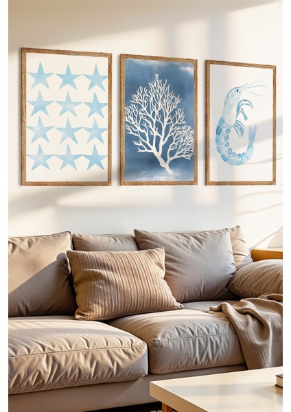 3 Parça Okyanusun Ritmi Konsepli Ahşap Çerçeve Görünümlü Mdf Tabo Seti