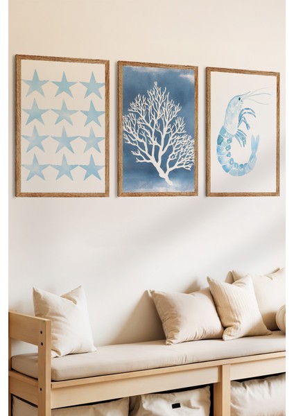 3 Parça Okyanusun Ritmi Konsepli Ahşap Çerçeve Görünümlü Mdf Tabo Seti fiyatları