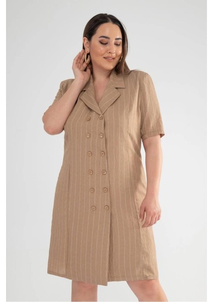 Kadın Büyük Beden Önü Düğmeli Elbise Vizon