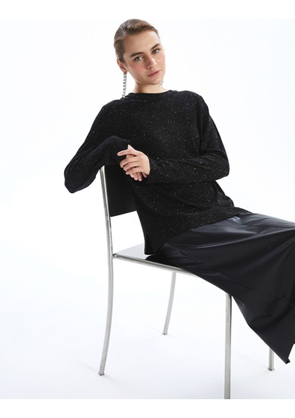 Yeni Sezon Bisiklet Yaka Parlak Görünümlü Kadın Triko Kazak