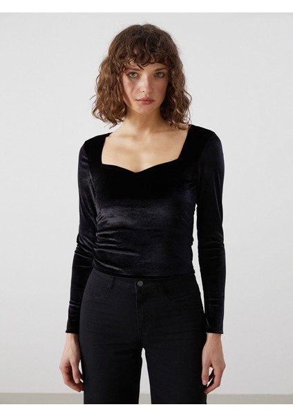 Yeni Sezon Kalp Yaka Kadife Kadın Bluz