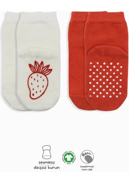 Bfs Bistyle Meyve Figürlü Kaymaz Soket Çorap 2'li BS10105 Kırmızı Ekru