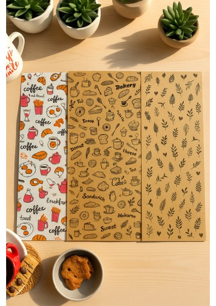 100 Adet Karışık Desenli Servis Kağıdı Dekoratif Yağlı Kağıt Sunum Kağıdı (Fırında Kullanılmaz)