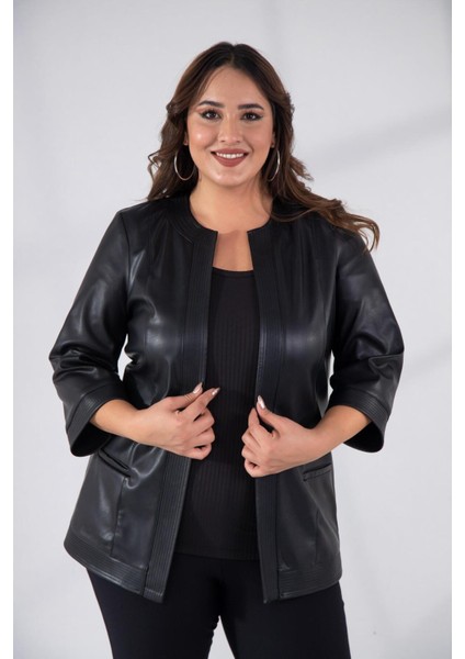 Kadın Büyük Beden Kapamasız Cepli Suni Deri Siyah Ceket