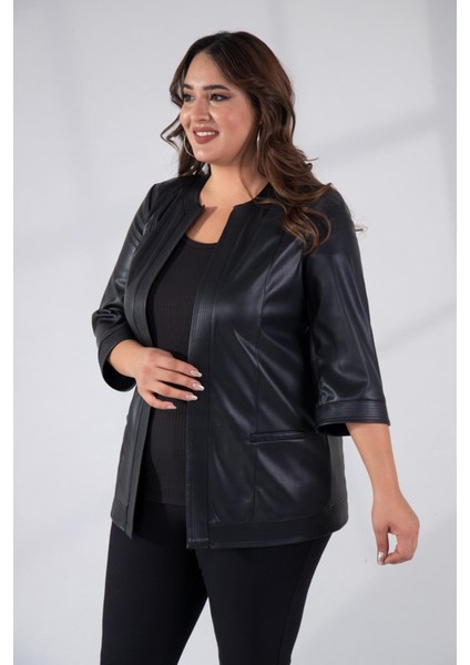 Kadın Büyük Beden Kapamasız Cepli Suni Deri Siyah Ceket modelleri