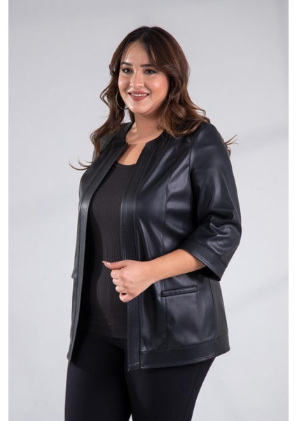 Kadın Büyük Beden Kapamasız Cepli Suni Deri Siyah Ceket fırsatları