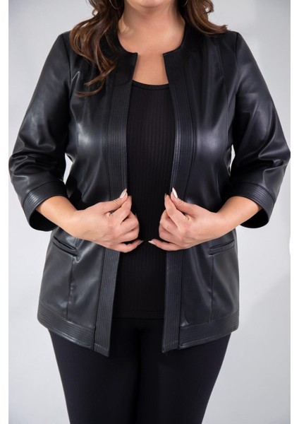 Kadın Büyük Beden Kapamasız Cepli Suni Deri Siyah Ceket indirimleri