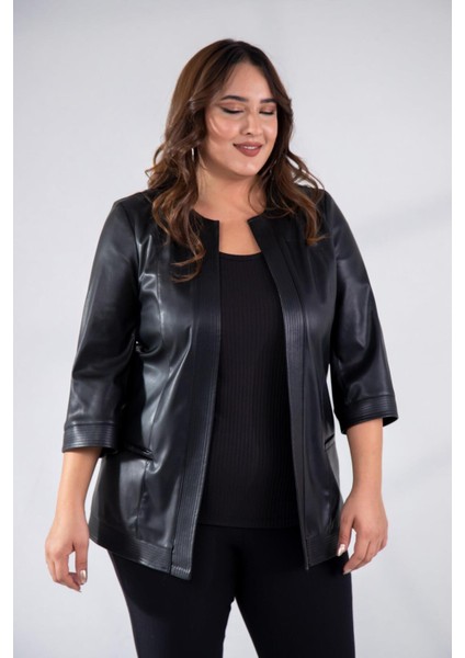Kadın Büyük Beden Kapamasız Cepli Suni Deri Siyah Ceket