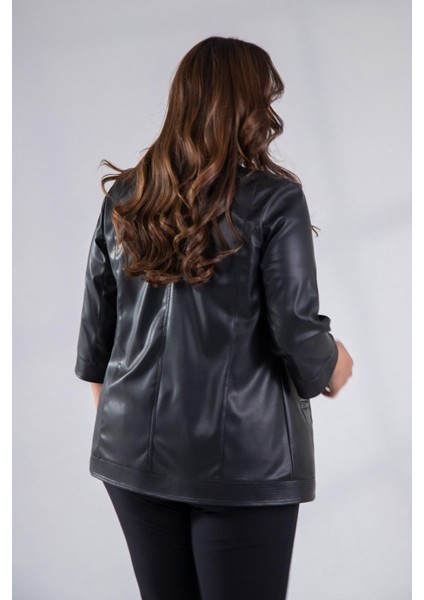 Kadın Büyük Beden Kapamasız Cepli Suni Deri Siyah Ceket