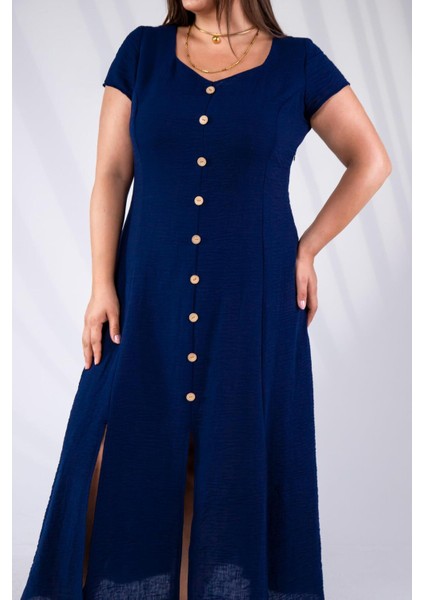 Kadın 111975 Büyük Beden Düğmeli Yırtmaçlı Elbise Lacivert Siyah modelleri