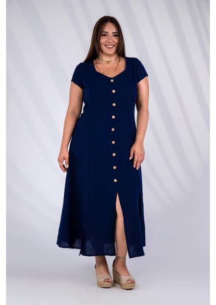 Kadın 111975 Büyük Beden Düğmeli Yırtmaçlı Elbise Lacivert Siyah indirimleri