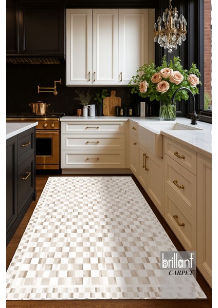 Bej Renk Mackenzie Stili Damalı Lateks Taban Yolluk Halı