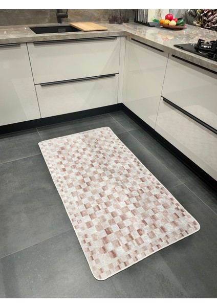 Bej Renk Mackenzie Stili Damalı Lateks Taban Yolluk Halı fiyatları