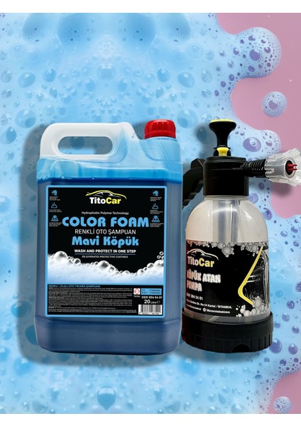 Color Foam Mavi Köpük Renkli Şampuan 5 Lt & Titocar Köpük Atan Pompa & Şampuan Seti