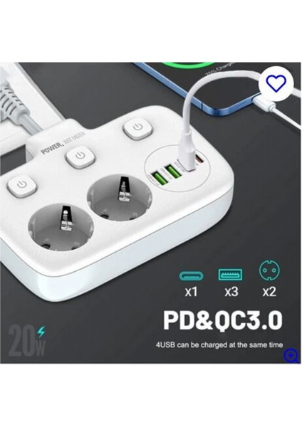 Akım Korumalı 2’li Ayrı Anahtarlı Priz, 2x Priz, 3x Usb, 1x Type-C, 2 mt Kablo, Hızlı Şarj fiyatları