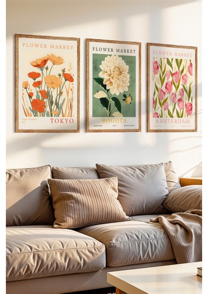 3 Parça Tokyo Bogota ve Amsterdam Temalı Ahşap Çerçeve Görünümlü Mdf Tablo Seti