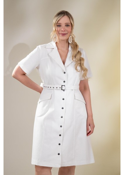 Kadın Büyük Beden Kemerli Gabardin Beyaz Elbise
