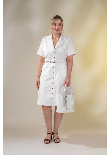 Kadın Büyük Beden Kemerli Gabardin Beyaz Elbise fiyatları