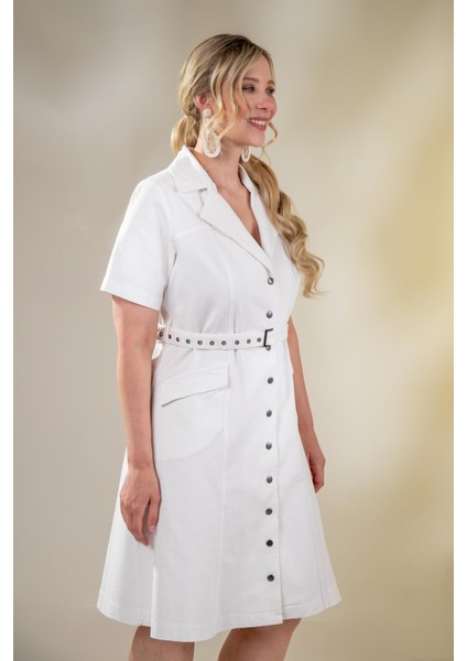 Kadın Büyük Beden Kemerli Gabardin Beyaz Elbise fırsatları