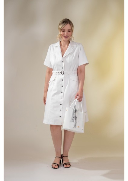 Kadın Büyük Beden Kemerli Gabardin Beyaz Elbise indirimleri