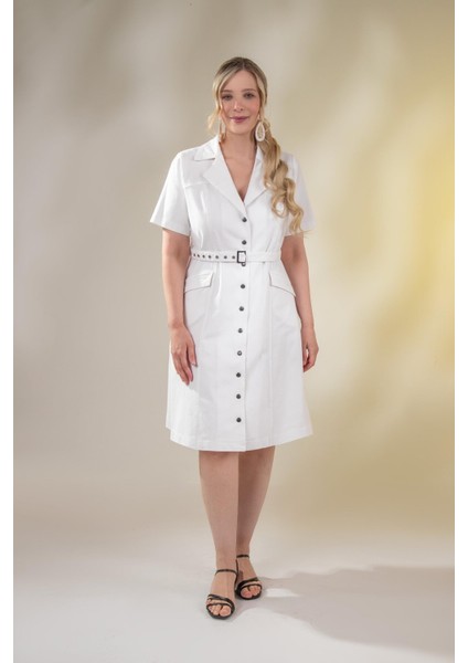 Kadın Büyük Beden Kemerli Gabardin Beyaz Elbise